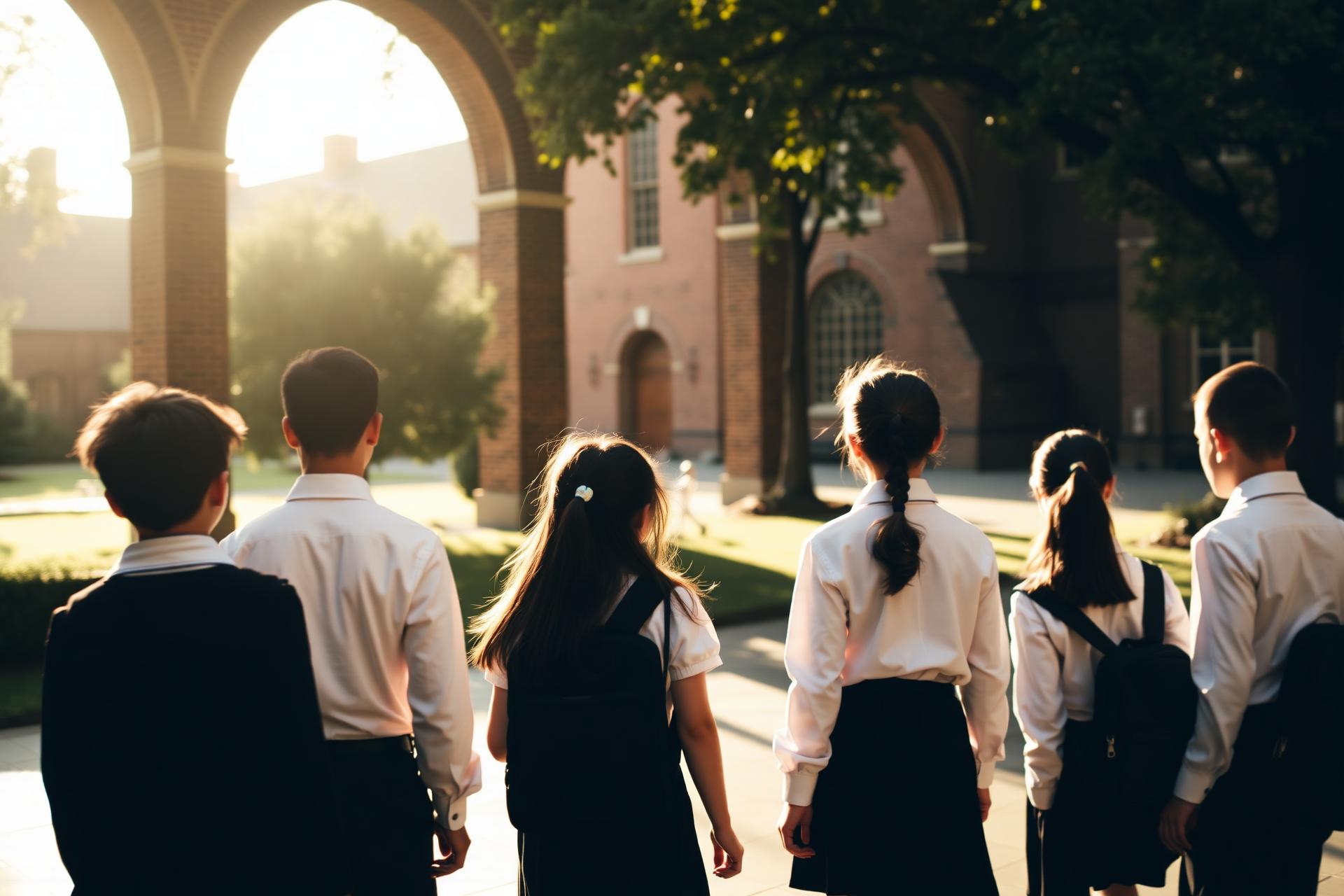 Students in uniform walking through a sunlit private school courtyard